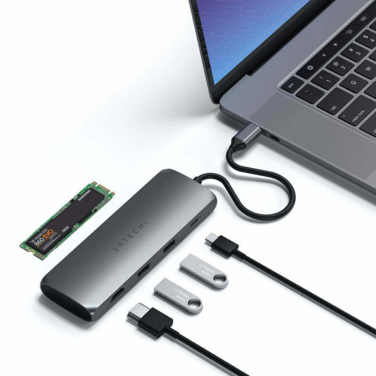Satechi Αντάπτορας Type-C Hybrid Multiport - Με 1 x Θήκη για SSD Μ.2 SATA Εξωτερικό Σκληρό Δίσκο / 1 x 4K HDMI / 2 x USB-A 3.0 / 1 x Type-C PD - Space Gray (ST-UCHSEM)