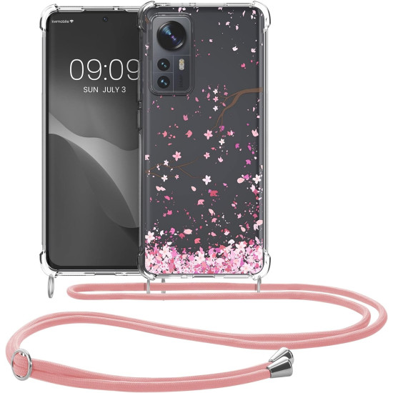 KWmobile Διάφανη Θήκη Σιλικόνης με Λουράκι Λαιμού - Xiaomi 12 / 12X - Cherry Blossoms / Cherry Petals / Pink / Dark Brown / Transparent (58199.01)