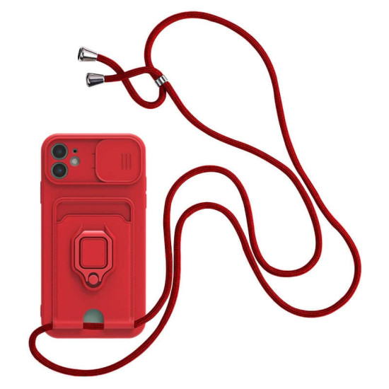 Bodycell Multifunction - Ανθεκτική Θήκη Apple iPhone 11 με Λουράκι Λαιμού / Κάλυμμα Κάμερας / Ring Holder / Υποδοχή Κάρτας - Red (5206015003165)