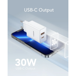Veger Fast Charger - Ταχυφορτιστής Ταξιδιού / Αντάπτορας Με 1x Type-C / 1 x USB-A - 30W - White (VLS302U)