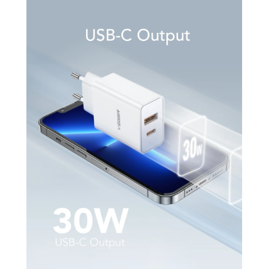 Veger Fast Charger - Ταχυφορτιστής Ταξιδιού / Αντάπτορας Με 1x Type-C / 1 x USB-A - 30W - White (VLS302U)