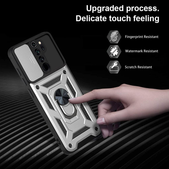 Bodycell Armor Slide - Ανθεκτική Θήκη Xiaomi Redmi Note 8 Pro με Κάλυμμα για την Κάμερα & Μεταλλικό Ring Holder - Silver (5206015014864)