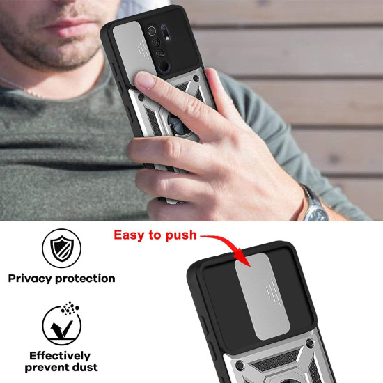 Bodycell Armor Slide - Ανθεκτική Θήκη Xiaomi Redmi 9 με Κάλυμμα για την Κάμερα & Μεταλλικό Ring Holder - Silver (5206015015205)