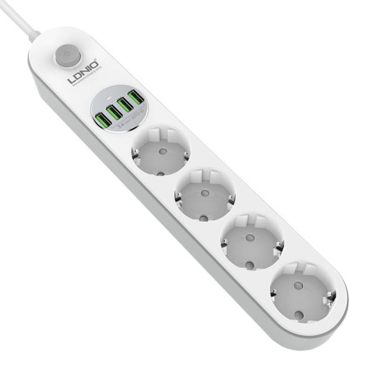 Ldnio Πολύπριζο Ασφαλείας με 4 Υποδοχές 2500W με Διακόπτη & Καλώδιο 200cm - 4 x USB-A - 17W - White (SE4432)