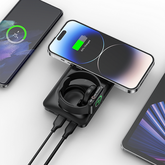 Veger MagMulti Wireless PowerBank - Ασύρματο PowerBank με MagSafe & Qi 15W για iPhone / Apple Watch / AirPods - 10000mAh με 1 x USB-A / 1 x Type-C - 22.5W - Black (W1156)