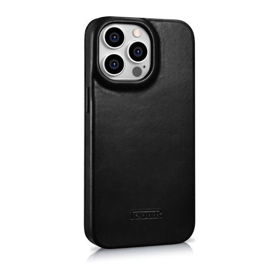 iCarer Curved Edge Oil Wax Leather Folio - Δερμάτινη MagSafe Flip Θήκη-Πορτοφόλι - Apple iPhone 14 Pro Max - Black (AKI14220708-BK)