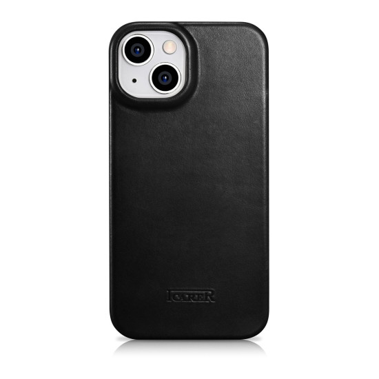 iCarer Curved Edge Oil Wax Leather Folio - Δερμάτινη MagSafe Flip Θήκη-Πορτοφόλι - Apple iPhone 14 Plus - Black (AKI14220707-BK)