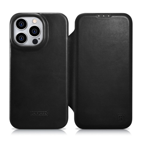 iCarer Curved Edge Oil Wax Leather Folio - Δερμάτινη MagSafe Flip Θήκη-Πορτοφόλι - Apple iPhone 14 Pro - Black (AKI14220706-BK)