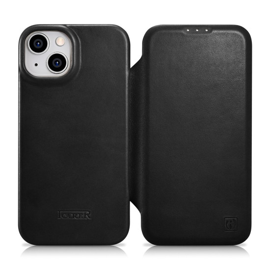iCarer Curved Edge Oil Wax Leather Folio - Δερμάτινη MagSafe Flip Θήκη-Πορτοφόλι - Apple iPhone 14 - Black (AKI14220705-BK)