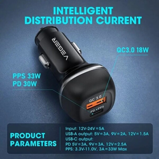 Veger CC62-1A1C Dual Port Fast Car Charger - Γρήγορος Φορτιστής Αυτοκινήτου με 1 x USB-A / 1 x Type-C - 51W - Black (6970453555416)