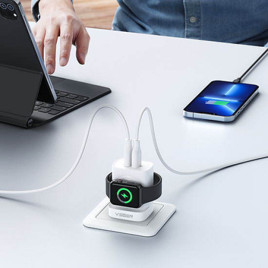 Veger Panel PD Multifunctional Wall Charger / Fast Adapter - 3 σε 1 Πολυλειτουργικός Ταχυφορτιστής Τοίχου / Φορτιστής Apple Watch / Αντάπτορας Με 1x Type-C / 1 x USB-A - 20W - White (W002E)
