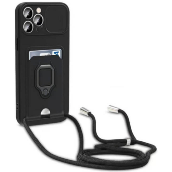 Bodycell Multifunction - Ανθεκτική Θήκη Apple iPhone 12 Pro Max με Λουράκι Λαιμού / Κάλυμμα Κάμερας / Ring Holder / Υποδοχή Κάρτας - Black (5206015003554)