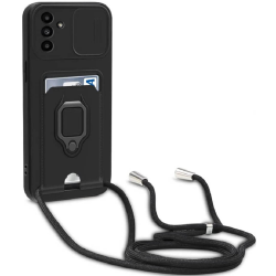Bodycell Multifunction - Ανθεκτική Θήκη Samsung Galaxy A14 με Λουράκι Λαιμού / Κάλυμμα Κάμερας / Ring Holder / Υποδοχή Κάρτας - Black (5206015012679)