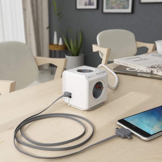 Allocacoc PowerCube Extended USB - Πολύπριζο με 4 Υποδοχές 3680W & Καλώδιο 150cm - 2 x USB-A - 10.5W - Trolley Grey - 2 Έτη Εγγύηση (1402GY/DEEUPC)