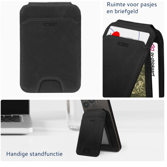 Rosso Deluxe MagSafe Wallet - Δερμάτινη MagSafe Θήκη - Πορτοφόλι για Κάρτες / Αναδιπλούμενη Βάση - Black (8719246399015)