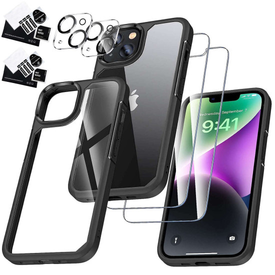 Alogy Hybrid Armored - Σετ με 1 x Διάφανη Σκληρή Θήκη / 2 x Tempered Glass Οθόνης / 2 x Tempered Glass για Φακό Κάμερας - Apple iPhone 14 Plus - Black / Transparent (5905601808022)