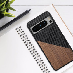 KWmobile Wood and Carbon Fiber - Σκληρή Ξύλινη Θήκη με TPU Bumper και Ανθρακονήματα - Google Pixel 8 Pro - Walnut / Dark Brown / Black (61874.01)