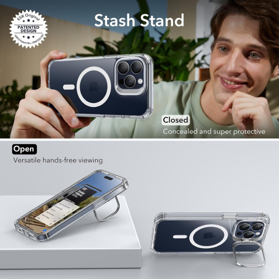 ESR Armor Tough with Stash Stand HaloLock - Ανθεκτική 360° Διάφανη MagSafe Θήκη με Kickstand & Tempered Glass για Φακό Κάμερας - Apple iPhone 15 Pro Max - Clear (4894240176818)