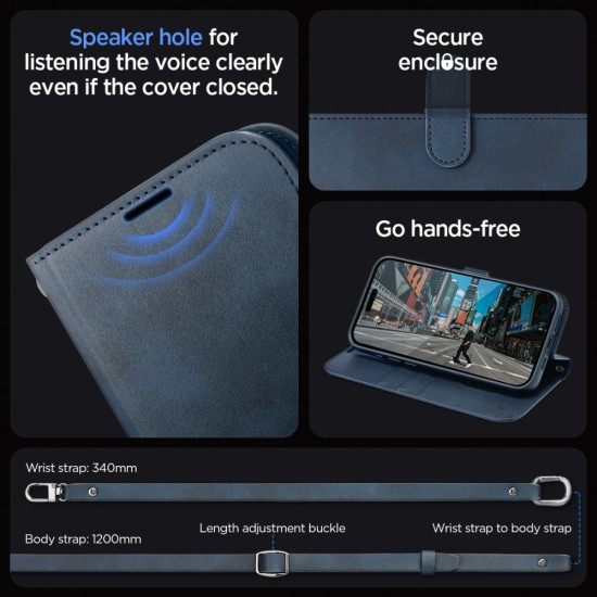 Spigen Wallet S Pro - Ανθεκτική Θήκη Πορτοφόλι Apple iPhone 15 Pro Max με Αποσπώμενο Λουράκι Χειρός / Λαιμού - Navy (ACS06606)