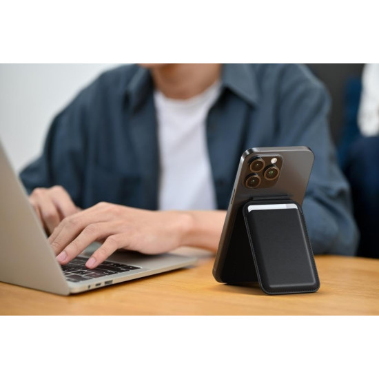 Satechi Vegan-Leather Magnetic Wallet Stand - MagSafe Θήκη - Πορτοφόλι για Κάρτες / Αναδιπλούμενη Βάση από Δέρμα Vegan - Black (ST-VLWK)