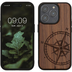 KWmobile Σκληρή Ξύλινη Θήκη με TPU Bumper - Apple iPhone 15 Pro - Walnut / Navigational Compass (62013.01)