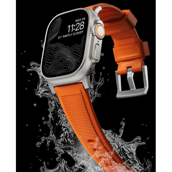 Nomad Rugged Band - Ανθεκτικό Αδιάβροχο Λουράκι από Καουτσούκ FKM - Apple Watch Ultra/SE/11/10/9/8/7/6/5/4 (49/46/45/44mm) - Ultra Orange / Silver (NM01287285)