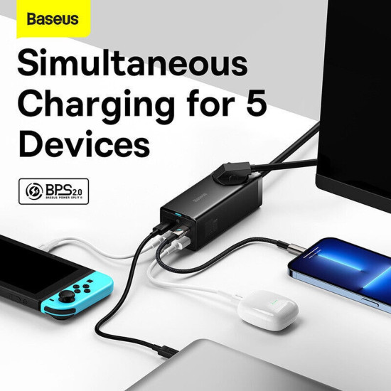 Baseus GaN3 Pro Desktop PowerStrip - Μονόπριζο με 1 Υποδοχή AC με Καλώδιο 150cm / Ταχυφορτιστής με 2 x USB-A / 2 x Type-C - 100W - Black (PSZM000401)