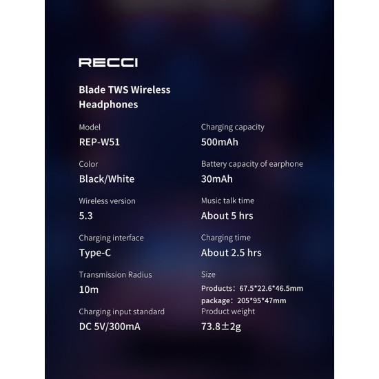 Recci REP-W51 Razor Wireless Earbuds - Ασύρματα Ακουστικά Bluetooth με Θήκη Φόρτισης - White (6955482518809)