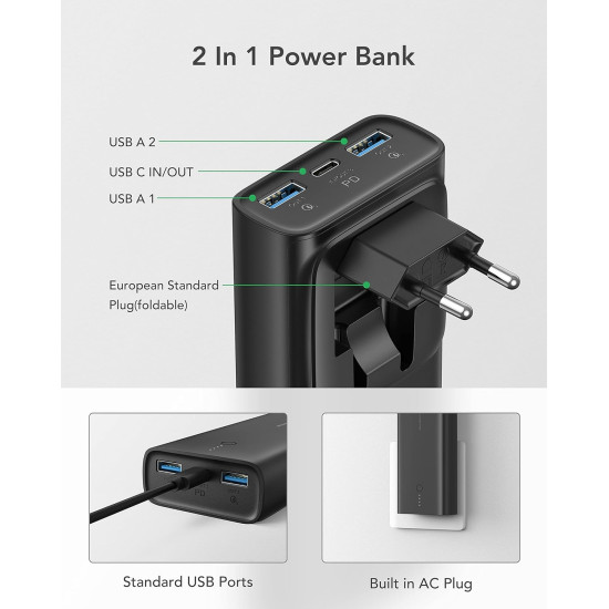Charmast PowerBank & Wall Adapter C1146L - Φορητή Μπαταρία Φόρτισης 10.000mAh / Φορτιστής Τοίχου με 2 x USB-Α / 1 x Type-C - 20W - Black (ACE100-C)