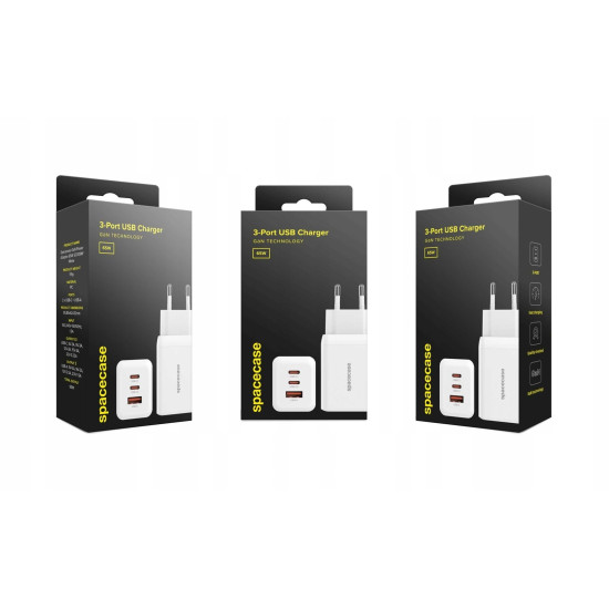 Spacecase SC009W 3-Port GaN USB Charger - Ταχυφορτιστής Ταξιδιού / Αντάπτορας με 1 x USB-A / 2 x Type-C - 65W - White (5905719109264)