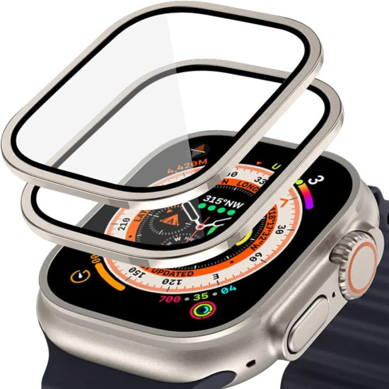 Hofi Premium Pro+ Tempered Glass Ring - Αντιχαρακτικό Γυαλί Προστασίας Οθόνης με Μεταλλικό Πλαίσιο - Apple Watch Ultra 3 / Ultra 2 / Ultra 1 49mm - Titanium - 2 Τεμάχια (5906302309993)