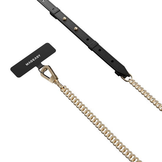 SwitchEasy MagEasy Leather Chain Strap Modern & Strap Card - Μεταλλικό Αποσπώμενο Λουράκι Λαιμού για Θήκες Κινητών iPhone - Black / Matte Gold (MPHIPH224BO23)