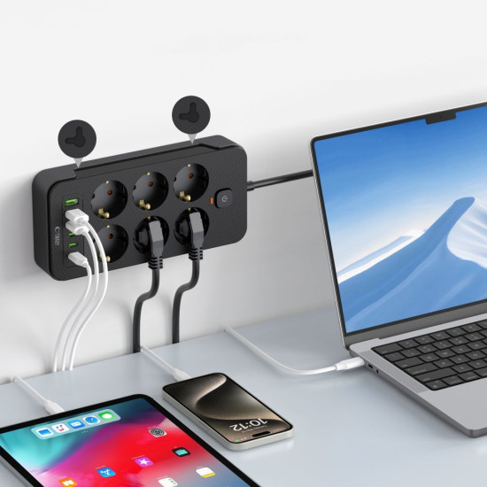 Tech-Protect PC6X6 Multi Plug Power Strip - Πολύπριζο με 6 x Υποδοχές AC 240V με Διακόπτη & Καλώδιο 200cm - 3 x USB-A / 3 x Type-C - 3.1A - Black (5906302310586)