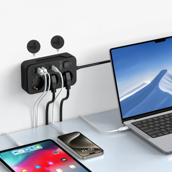 Tech-Protect PC3X6 Multi Plug Power Strip - Πολύπριζο με 3 x Υποδοχές AC 240V με Διακόπτη & Καλώδιο 200cm - 3 x USB-A / 3 x Type-C - 3.1A - Black (5906302310555)