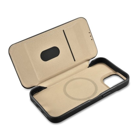 Θήκη iPhone 14 iCarer Curved Edge Leather Folio with Magsafe Δερμάτινη Flip με MagSafe - Black (KJI14220701-BK)