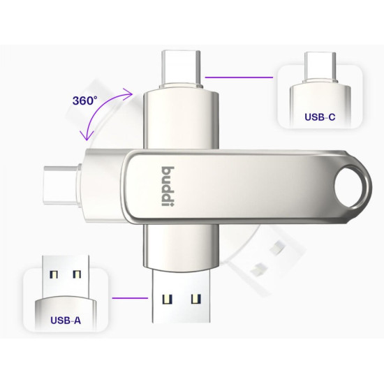 USB-A & Type-C Stick Buddi Dual Memory Stick USB 3.1 64GB για iOS & Android 5 Έτη Εγγύηση - Grey (8719246465864)