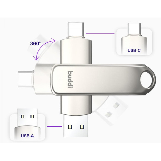 USB-A & Type-C Stick Buddi Dual Memory Stick USB 3.1 32GB για iOS & Android 5 Έτη Εγγύηση - Grey (8719246465857)
