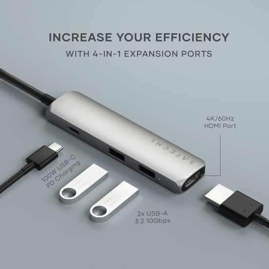 Αντάπτορας Satechi 4in1 USB-C Slim Multiport 4K Adapter Type-C (male) σε 2 x USB-A 10Gbps 1 x Type-C 85W 1 x HDMI 4K - Space Grey (ST-P4SM)