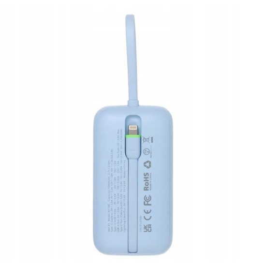 PowerBank Veger K1 με Οθόνη LED & 1 x Θύρα Type-C / 1 x Θύρα USB-A / 1 x Καλώδιο Type-C / 1 x Καλώδιο Lightning 35W 10.000mAh - Sky Blue (6977525750717)
