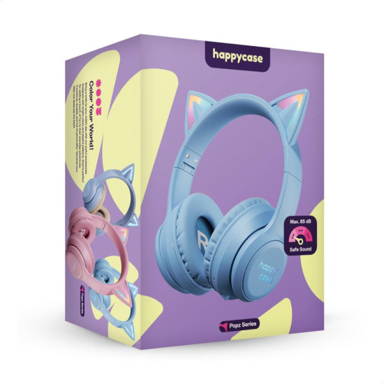 Bluetooth Ακουστικά HappyCase Popz Ασύρματα / Ενσύρματα Κεφαλής για Παιδιά με Ασφαλή Μέγιστη Ένταση Ήχου & LED Φωτισμό - Blue (8719246468742)