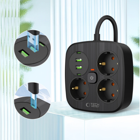 Πολύπριζο Tech-Protect PCS3X4 Power Strip με 3 x Υποδοχές AC 250V με Διακόπτη & Καλώδιο 200cm 2 x USB-A / 2 x Type-C 2.1A - Black (5906302363414)
