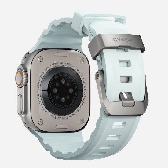 Λουράκι Apple Watch Ultra/SE/11/10/9/8/7/6/5/4 (49/46/45/44mm) Nomad Rocky Point Band Glow in the Dark Φωσφορίζον Αδιάβροχο FKM & Τιτάνιο - Icy Blue Glow / Natural Titanium Hardware (NM014452858)