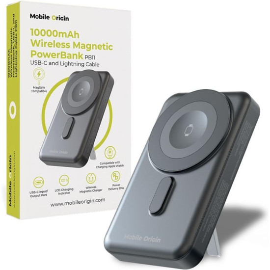 PowerBank Mobile Origin PB11 με Ασύρματη Φόρτιση MagSafe 15W / KickStand / Ενσωματωμένα Καλώδια Type-C & Lightning και 1 x Θύρα Type-C 20W 10.000mAh - Black (MO-WMP-PB11)