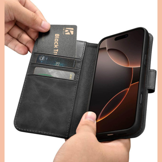 Θήκη iPhone 16 Pro Max iCarer Leather Detachable 2 in 1 Wallet Δερμάτινο Πορτοφόλι με RFID & MagSafe - Black (WMI16240722-BK)