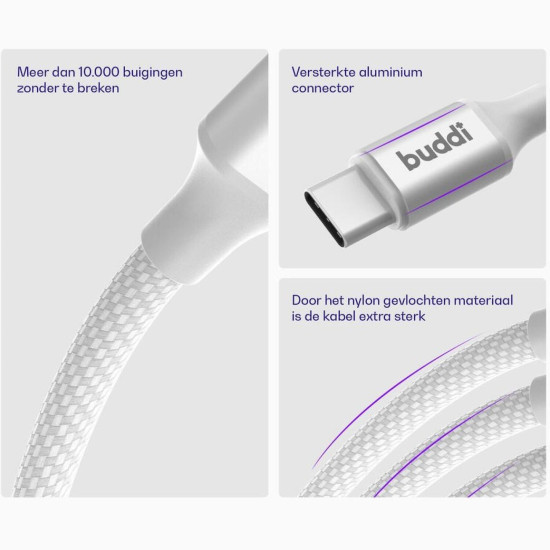 Καλώδιο Buddi Flex Φόρτισης & Μεταφοράς Δεδομένων Type-C σε Type-C 200cm 60W 5 Έτη Εγγύηση - White (8719246497384)