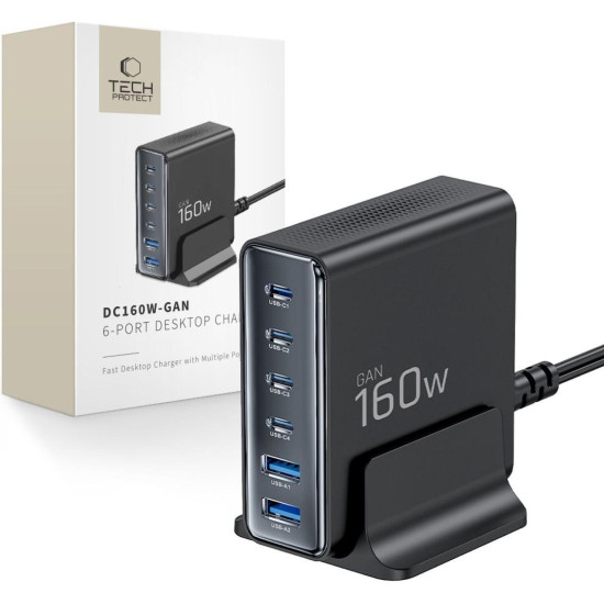 Φορτιστής Tech-Protect DC160W GaN Επιτραπέζιος με Βάση / Καλώδιο Τροφοδοσίας & 2 x USB-A / 4 x Type-C 160W - Black (5906302335695)
