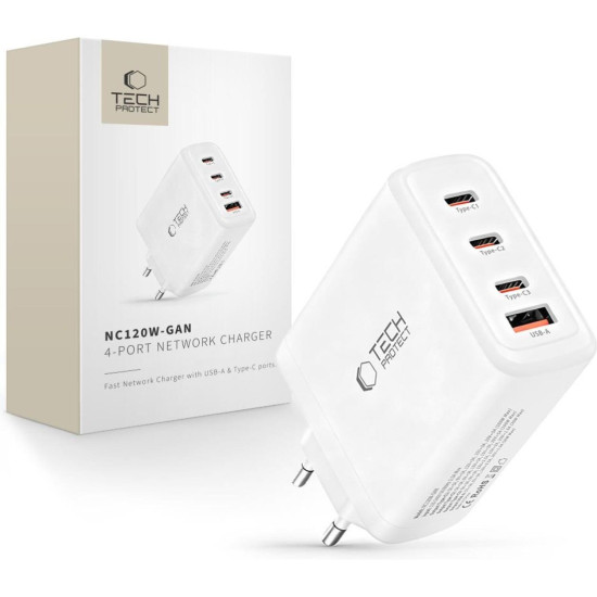 Φορτιστής Tech-Protect NC120W GaN Γρήγορος Ταξιδιού / Αντάπτορας με 1 x USB-A / 3 x Type-C 120W - White (5906302335923)