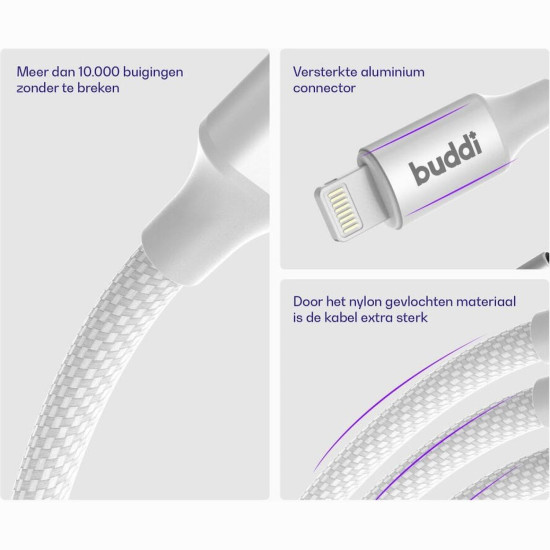 Καλώδιο Buddi Flex Φόρτισης & Μεταφοράς Δεδομένων Type-C σε Lightning 200cm 20W 5 Έτη Εγγύηση - White (8719246497421)