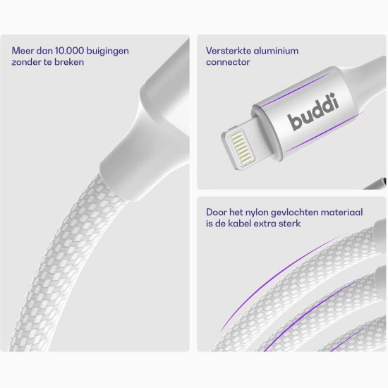 Καλώδιο Buddi Flex Φόρτισης & Μεταφοράς Δεδομένων Type-C σε Lightning 300cm 20W 5 Έτη Εγγύηση - White (8719246497438)