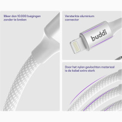 Καλώδιο Buddi Flex Φόρτισης & Μεταφοράς Δεδομένων USB-A σε Lightning 200cm 12W 5 Έτη Εγγύηση - White (8719246497469)